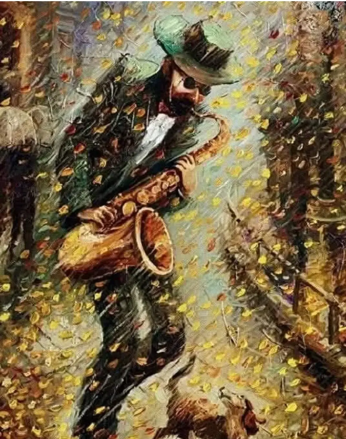 🍂🍂🍂🍂           Вот саксофон играет... Значит осень.  Осенний блюз и дождик за окном. Ещё чуть-чуть, деревья листья сбросят,  Дрова в камине полыхнут огнём.    И будет в доме и тепло, и тихо,  Лишь треск поленьев, пламени игра. В уютном кресле только ты и книга,  А на столе горячий чай с утра.   И будут на стекле оконном слёзы, - Туманов мокрых или же дождей.  А ночью в гости - звёзды или грёзы  Проникнут сквозь незапертую дверь.    Мечты и грусть поселятся, не спросят Ждёшь их, а может и не ждёшь.  Играет саксофон... и значит - осень! И от неё так просто не уйдёшь.