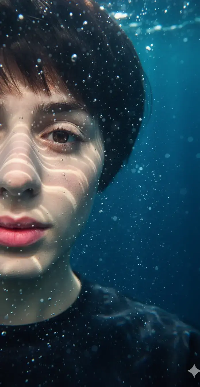 Agua close up Ultra-detailed hyper-realistic close-up portrait of the person from the reference photo, preserving all unique facial features. Only the left half of the face is shown, submerged underwater, with one eye in sharp focus placed at the far left of the frame. Light rays create dynamic caustic patterns across the skin. Suspended water droplets and tiny bubbles add depth and realism. Cinematic underwater lighting with soft shadows and crisp highlights. #fyp #الشعب_الصيني_ماله_حل😂😂 #تصميم_فيديوهات🎶🎤🎬 #اعادة_نشر🔁 