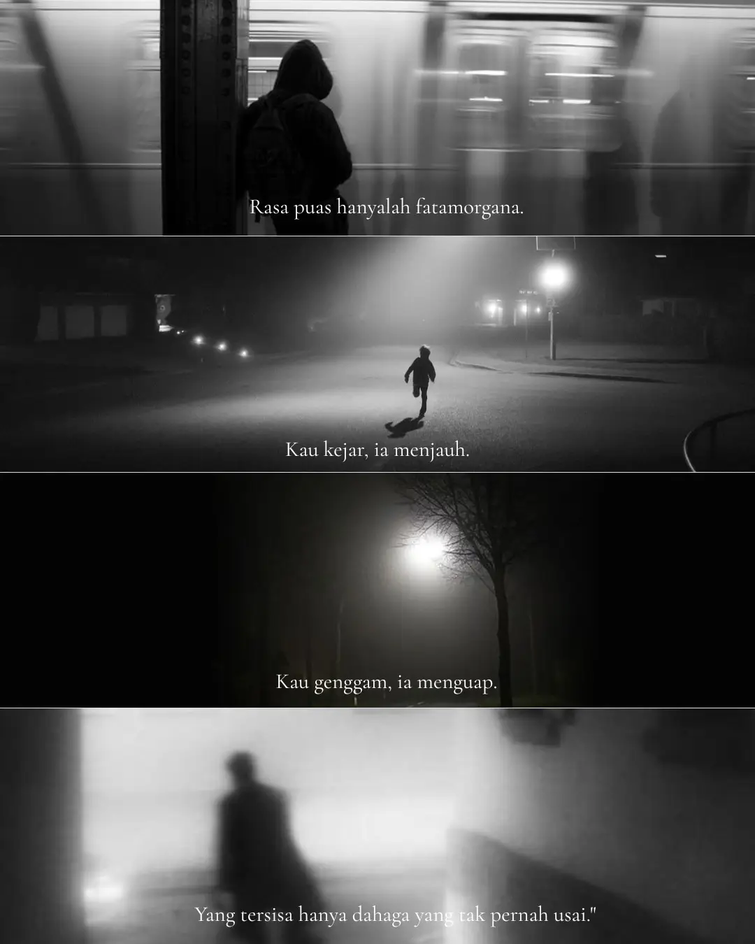 Rasa puas itu ilusi. Semakin kita kejar, semakin jauh. Saat diraih, ia menguap. Pada akhirnya, yang tersisa hanyalah dahaga yang tak pernah usai. #existentialcrisis #blackandwhite #berandatiktok #quotes #fypシ゚ 