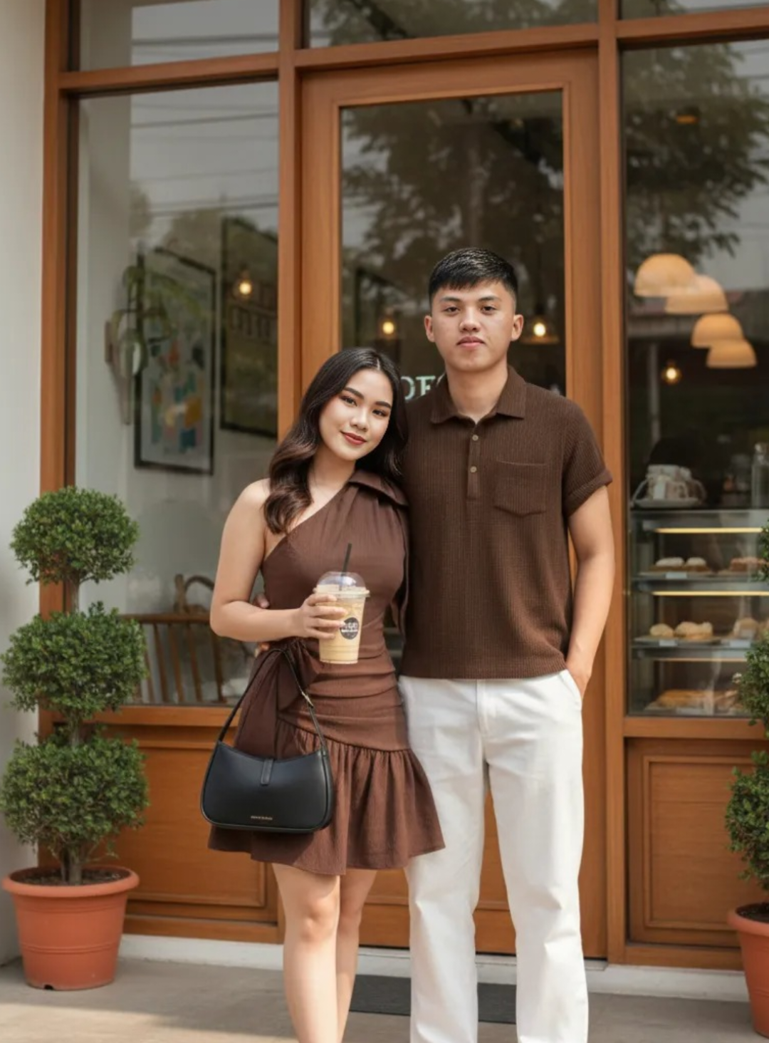 Couple prompt: Create an attachment to a straight face as attached 100% female weight (number) kilo height (number) centimeter male weight (number) kilo height (number) centimeter male couple women stand hand around waist men in front of store with large glass and wooden frame Details in the picture: • Person: Dark brown long-haired woman with side braid, attached small doll hairpin • Dress code: • Spaghetti strap dress • Length: Ankle Length (Maxi dress) • The chest front has a design. Bow tie in the middle. Increase sweetness and make the dress look dimensional. • Dress: Straight and slightly loose, comfortable, suitable for casual days or hanging out • Pattern and color: • Gingham check • Swap red and white, bright and comfortable • Tones give a vintage mood and a summer look. • Headdress: • Same pattern headdress with dress (Red-white gingham) • Can be used as an Axessori to enhance the whole body look. • Matches: • Paired with sneakers • Wicker bag Overall, it's a bright, simple, casual look, suitable for walking, cafe. Men wear short-sleeved shirts, crimson (red wine or pig's blood), with Hawaiian collar (camp collar), and have dissecting buttons. The shirt itself looks loose, casual, suitable for casual wear or on casual days, white cylindrical trousers, red sneakers cut with white. • Gesture: Left Hand Around Shoulder Woman Right Hand Holding Clear Plastic Tumbler with Cold Drink (Cold Latte or Iced Coffee) Tumbler with sticker written MASON • Backdrop: It's a storefront made of wood and glass. Look through the cafe / bakery zone. On the side, there are trees and pots adorning it, creating a refreshing atmosphere. • Tone: Bright, Natural, Reflecting Afternoon Sunshine, Out Lifestyle Visual#foryoupage #COUPLE #fyp #geminiaiprompt #gemini 