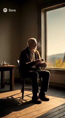 A lone old man sits on a wooden chair by the window of a nearly empty house. Dust floats in the golden light of late afternoon. He slowly sips tea, the steam rising softly. Outside, trees sway in the wind, their shadows moving across the floor. The scene lingers in silence, broken only by distant birdsong. The camera does not move quickly—just breathes with the space. Music: faint, atmospheric, almost imperceptible.