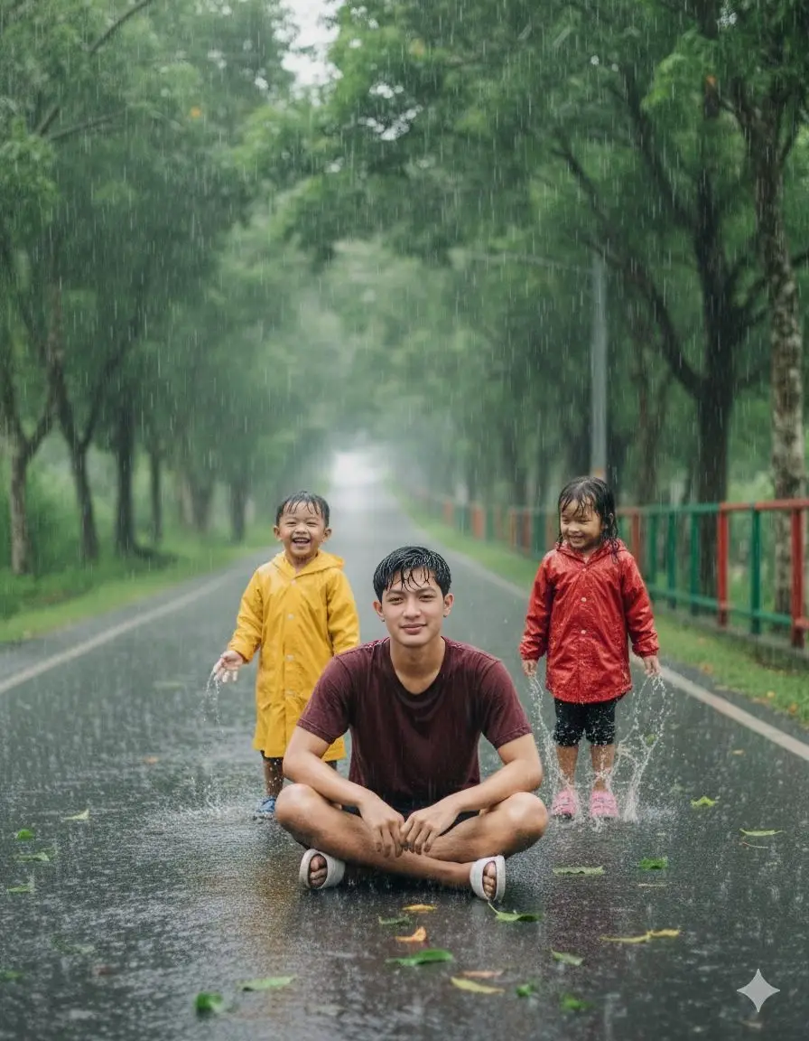 Prompt:👇🏻👇🏻👇🏻 . . . Buatkan gambar  seorang remaja laki laki  ( foto terlampir )sedang duduk di jalan aspal basah saat hujan deras di area hijau penuh pepohonan. Jalan menurun tampak licin karena air hujan yang mengalir, dedaunan basah berjatuhan di permukaan jalan. remaja itu duduk sendirian , rambutnya basah kuyup, mengenakan pakaian kasual sederhana dengan sandal putih polos.  mengenakan kaos merah gelap. dia terlihat tersenyum tipis, menimbulkan kesan yang tenang meski dalam suasana hujan. Latar belakang penuh pepohonan tinggi, pagar hijau dan merah di sisi kanan jalan, serta suasana alam yang segar dan alami. Pencahayaan alami lembut dengan nuansa hijau, abu-abu, dan basah khas suasana hujan. #prompt #gemini #ai #streetfotography #fypシ゚ 