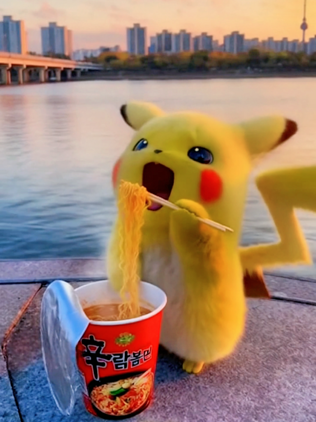 A cute Pikachu is eating ramen. #cute #pikachu 