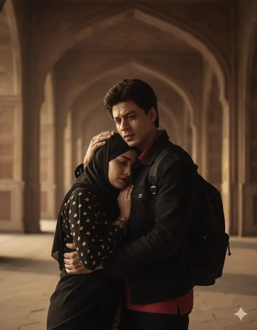 Ubah foto ini,ciptakan potret realistis. Deskripsi : Wanita ini memakai saree warna hitam bahan ringan dan jatuh,iner lengan panjang hitam bordir bunga kecil warna gold,jilbab hitam,anting di hidung,riasan natural lipstik nude brown. Bindi kecil di jidad. Laki-laki memakai jaket wash jeans warna hitam,iner kaos kerah warna merah,ransel hitam. Kepala Wanita ini bersandar di dada laki-laki, Ekspresi wanita sedih dan menangis, Ekspresi pria juga sedih dan menangis, Tangan kanan laki-laki ini mengelus kepala wanita. Tatapan mata wanita dan pria ke arah kamera Sehingga menciptakan kesan yg intim,kesedihan dan emosional yg dalam. Latar di lorong tajmahal,dengan arsitektur kuno,dan cahaya dari sinar matahari sore (golden hour) yg hangat. Semakin menciptakan Nuansa yg romantis dan intim. Seolah realistis. (Pertahankan wajah asli) #bollywood #veerzaara #geminiseason #trendgemini #shahrukhkhan #fyppppppppppppppppppppppp #ai #prompt 