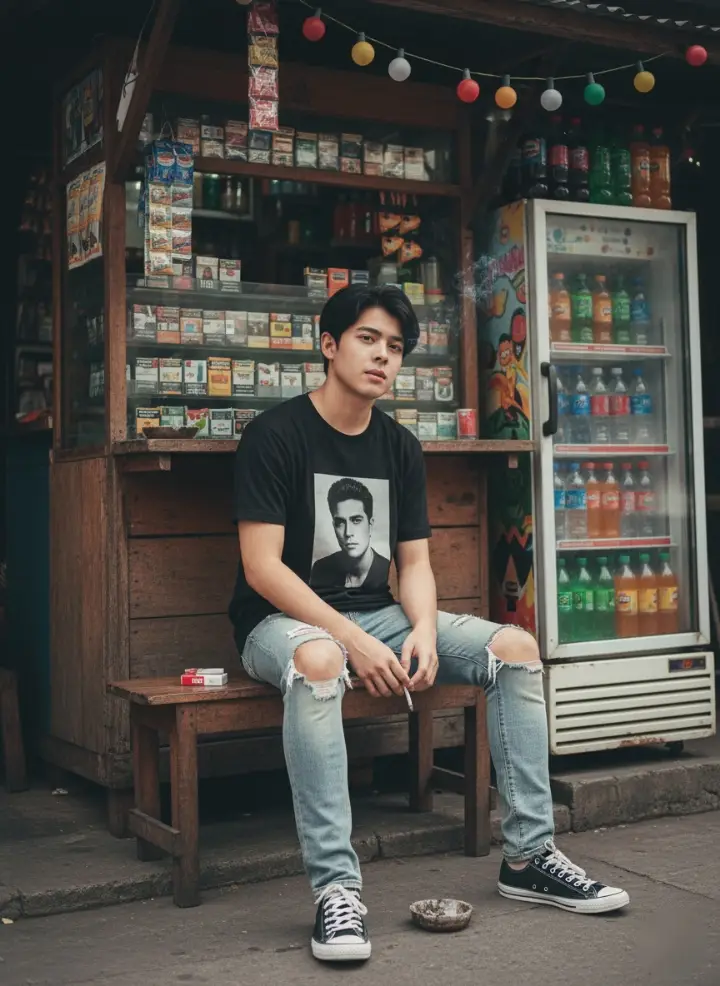 Prompt  Create A young Pilipino man posing with a street fashion style in front of a traditional stall full of bottled drinks and cigarettes he sits casually on a small wooden bench with a pack of cigarettes and an ashtray on it with one hand holding a cigarette displaying a cool and stylish expression he wears a black t shirt with a cool picture and light wash skinny jeans and small black platform flat convers shoes his hair is dark (comma hair) adding a bold and urban impression The background of the stall looks classic and colorful with a refrigerator containing several  bottles of drinks (coca-cola sprit fanta) old shelves a display case containing several packs of cigarettes and hanging snacks the overall feel of this photo is very contrasting between the modern fashion style and the local atmosphere of the pilipino streets creating an authentic and unique aesthetic impression suitable for streetwear and urban culture themes resolution 3.4 #fypシ #foryoupage #promptai 