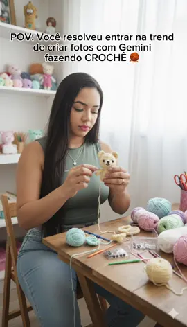 Entrei da trend… 😄🧶  O que acharam da IA fazendo meu ensaio fotográfico de crocheteira? #trend #IA #gemini #crochet #crochetersoftiktok 