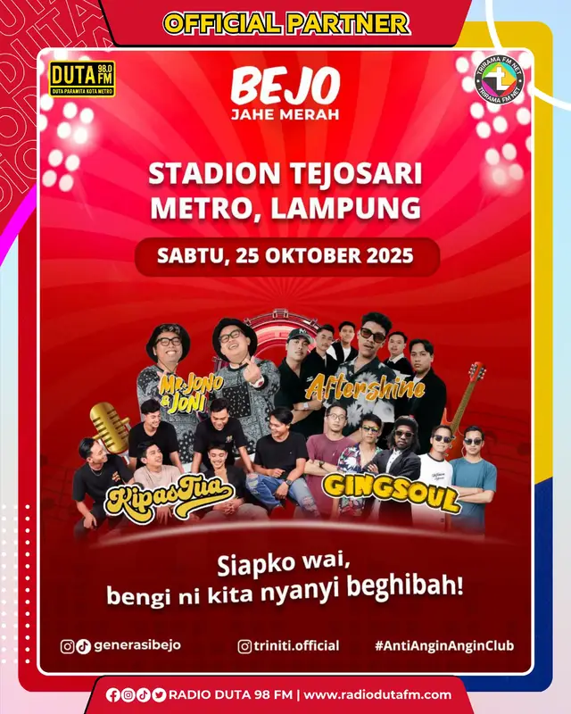 Saatnya kita ramaikan suasana! #AntiAnginAnginClubFest yang dipersembahkan oleh Bejo Jahe Merah akan siap bikin kota metro goyang bareng.  Konser untuk semua IQ, semua gaya, semua joget. Mark the date, siapkan kaki dan suara, ini bakal jadi pestanya tahun ini!  #BejoJaheMerah #AntiAnginAnginClubFest #konserlampung  #kotametro 