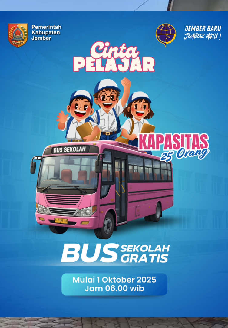 Angkutan Sekolah Gratis Hadir di Ambulu! Menindaklanjuti aspirasi masyarakat melalui Wadul Gus e, Pemkab Jember menghadirkan bus pelajar gratis mulai 1 Oktober 2025. Rute: Karanganyar – Glori – SMP 9 Muhammadiyah Watu Kebo (PP) Kapasitas: 25 penumpang. Manfaatkan layanan ini demi pendidikan yang lebih mudah, aman, dan nyaman. #GusFawait #WadulGuse #AngkutanSekolahGratis #JemberBaruJemberMaju 