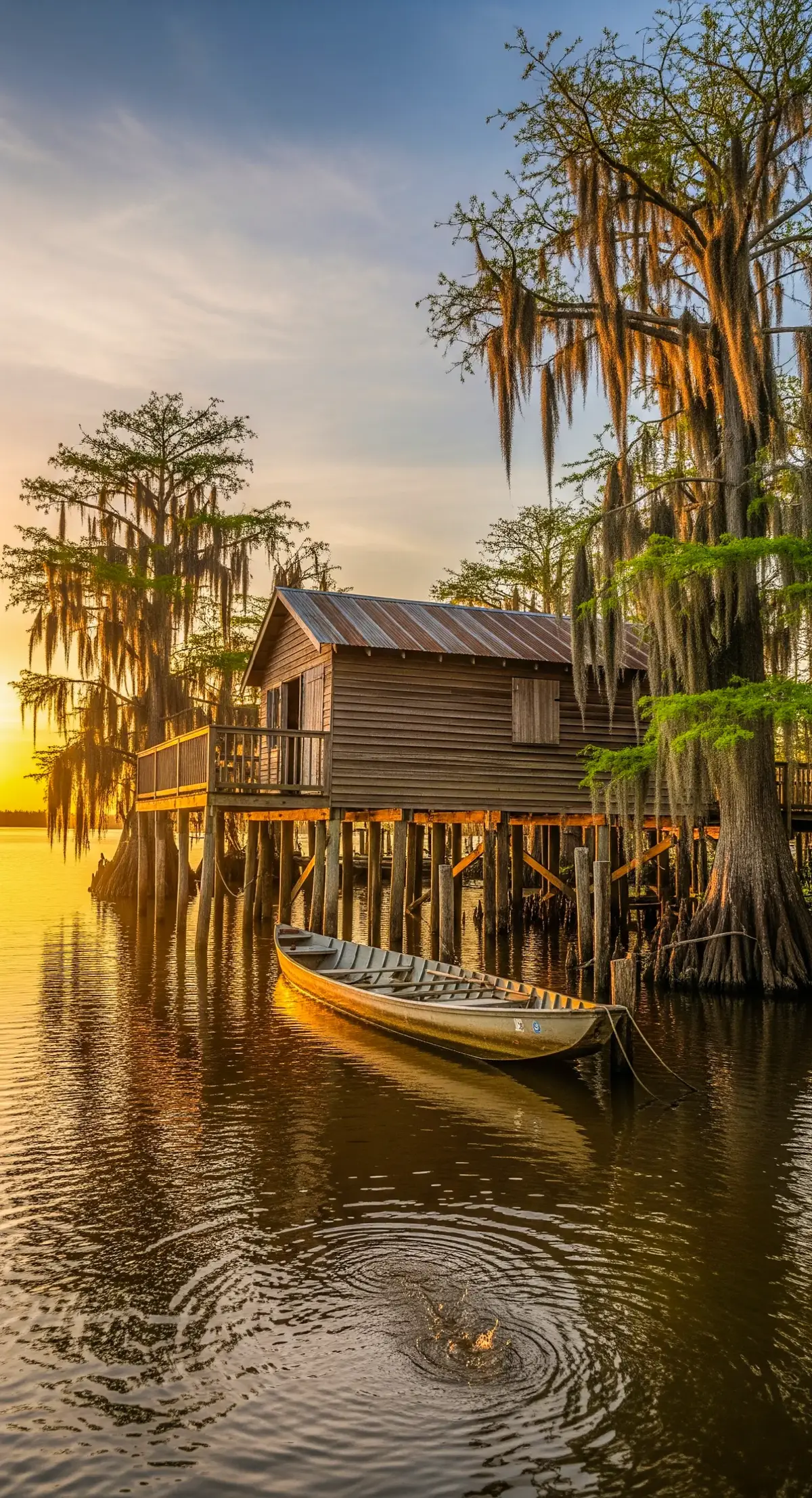 A quiet golden hour on the bayou. #Louisiana #BayouCabin #GoldenHour #SimpleLife #Travel 