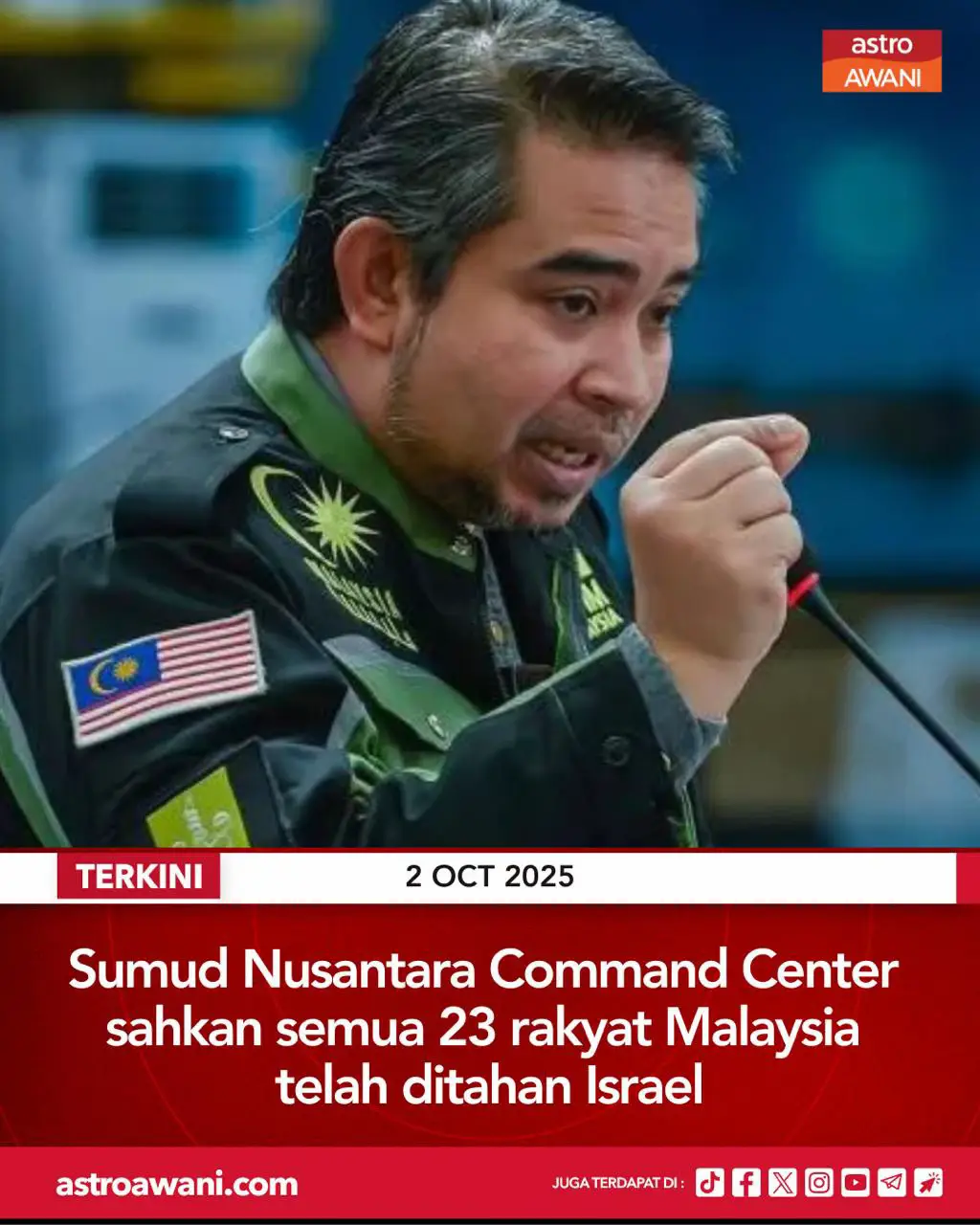 Ketua Pengarah Sumud Nusantara Command Center, Datuk Sani Araby mengesahkan bahawa kesemua 23 rakyat Malaysia yang mengikuti pelayaran Global Sumud Flotilla telah ditahan pihak Israel. #SumudNusantara #GlobalSumudFlotilla