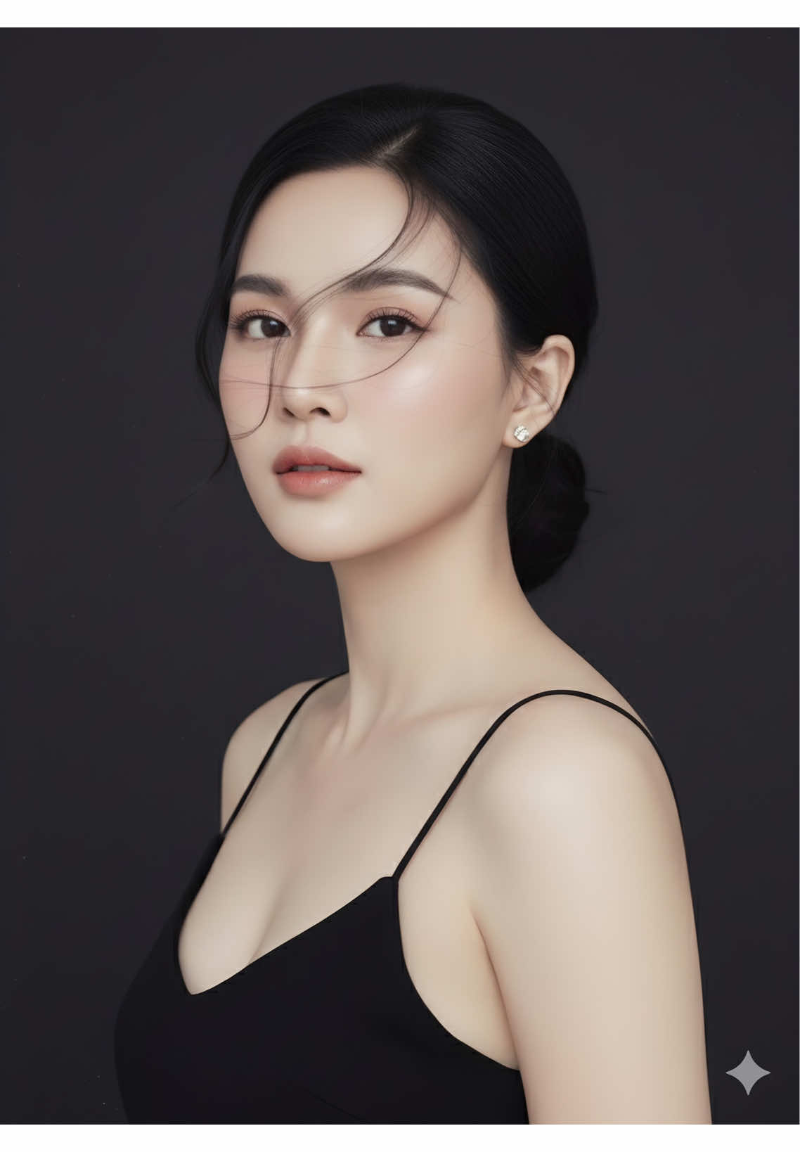 GEMINI AI PROMPT👇👇 Bước 1: Mở app/web Gemini📲 Bước 2: Tải lên ảnh cá nhân rõ nét Bước 3: Nhập câu lệnh tạo ảnh👇👇👇 Create a portrait photo. A soft, moody, and artistic close-up portrait of the woman from the image. Maintain 100% of the facial features and appearance of the person from the original photo; do not change any details. She is gazing at the camera at a 45-degree angle with a calm, introspective expression. She has smooth, glowing skin, a hint of blush, and long, delicate eyelashes framing her eyes. Her hair is styled in a loose, low bun with delicate wisps framing her face. She wears a simple black spaghetti strap top and small earrings. The lighting is bright, clear, and soft studio light focused on her face, creating gentle shadows against a solid dark grey background, in a minimalist, fine art Korean photography style with a sharp focus on her eyes #geminiaiprompt #fyp #promptai #geminiaiprompt #xuhuong