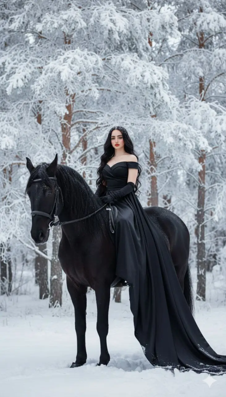 High-quality editorial photo (same face as in the uploaded image) of a young woman standing gracefully in a snowy winter forest. She wears a luxurious black satin gown with a long flowing train and an off-shoulder neckline, paired with elegant long black gloves. Her hair is long, wavy, and luxurious, cascading over her shoulders. Instead of holding a fox, she stands confidently beside a majestic black panther, their presence together exuding mystery, elegance, and power. The snowy ground and frosted branches frame the scene, with cinematic detail capturing the textures of the satin gown, gloves, hair, skin, and the panther’s sleek fur. The atmosphere is ethereal and editorial, in the style of a Vogue or Harper’s Bazaar cover. The composition is vertical (9:16), shot in RAW on a Nikon D7200 with an 85mm f/1.9 lens, with soft natural light enhancing the contrast between the dark gown, the panther, and the white snow#صورتك #الذكاء_الاصطناعي #ترند #gemini #صور 