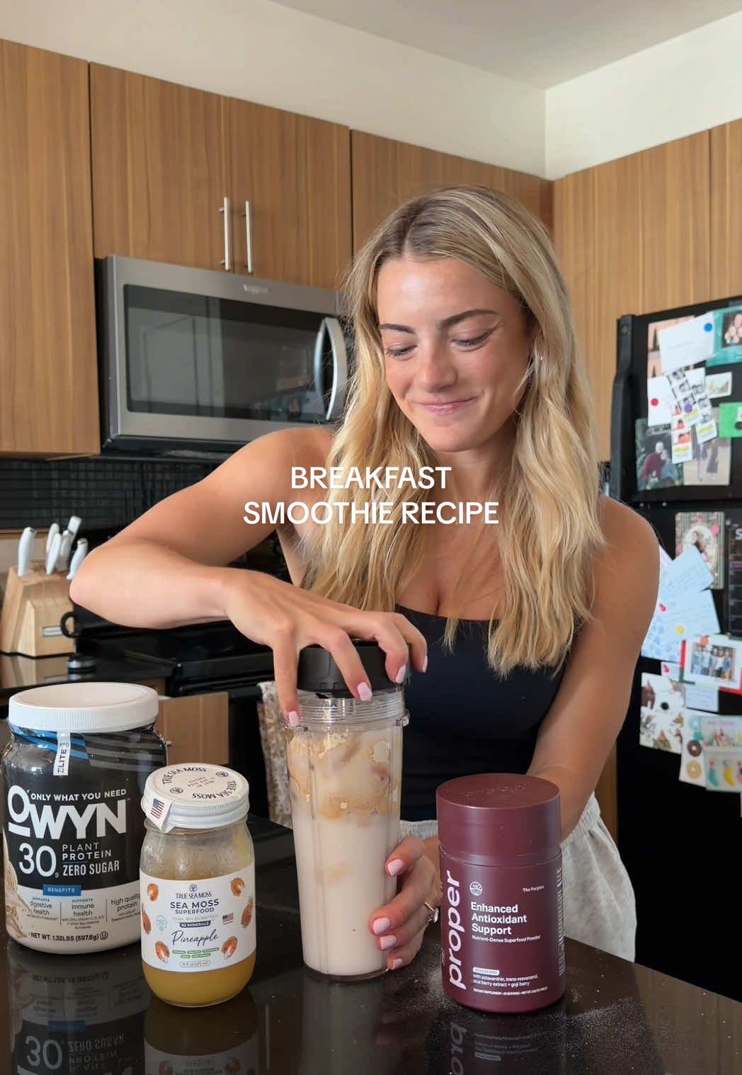 highly requested post-workout protein smoothie recipe!!🍓🍌✨ Ingredients: -1/2 banana -1/2 cup of frozen strawberries -handful of ice -1 cup of almond milk -serving of vanilla protein powder (@LiveOwyn) -OPTIONAL: extra supplements of choice (@trueseamoss @Proper Health) #postworkout #smoothie #Recipe #highprotein #creatorsearchinsights 