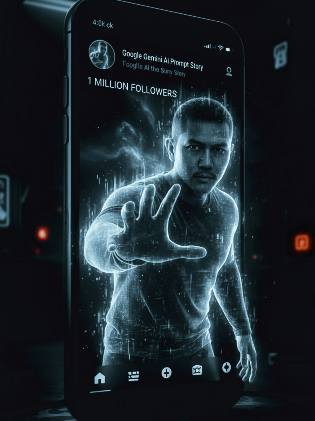🔹1.open google gemini  🔹2.upload your image 🔹3.copy and paste this prompt Transform the person from the attached photo into a holographic 3D character emerging from a glowing smartphone screen. The phone is displayed upright, showing a Facebook profile page named “Google Gemini Ai Prompt Story” with 1 milion followers clearly visible on the screen. The character looks semi-transparent, glowing with digital purple,pink,electric blue light, as if made of holographic pixels. Half of his body is already outside the phone, reaching forward with an intense expression, as if escaping into reality. Futuristic lighting, dramatic contrast, cyberpunk-inspired atmosphere, photorealistic detail.vivid colours, and sharp derails #promptgemini #gemini #promptai #trending #fyp 