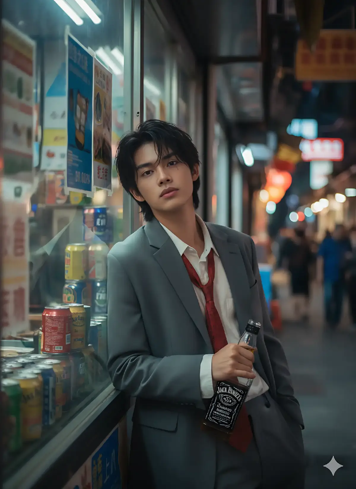 📌Prompt  figure 1 : insert the photo I uploaded into the prompt below young man with medium-length messy black hair, leaning casually against a street food shop window at night, wearing an oversized gray suit with a loose red patterned tie and unbuttoned shirt, holding a bottle of Jack Daniel’s in one hand, urban Asian night market setting, colorful posters and cans stacked inside the shop, cinematic street photography style, moody atmosphere, soft neon lighting, 35mm film aesthetic, gritty and realistic textures, candid portrait, nightlife vibe, high detail, raw and natural --ar 2:3 --v 6 --q 2 --style raw figure 2 : insert the photo I uploaded into the prompt below young man with medium-length messy black hair, sitting casually on a low stool outside a street food shop at night, oversized gray suit with a loose red patterned tie and unbuttoned shirt, holding a bottle of Jack Daniel’s resting loosely in his hand, neon lights reflecting on his face, cinematic street photography style, moody and relaxed vibe, gritty realistic textures, 35mm film look --ar 2:3 --v 6 --q 2 --style raw figure 3 : insert the photo I uploaded into the prompt below young man with medium-length messy black hair, leaning back against a street food shop wall, gazing upwards with a relaxed expression, oversized gray suit with a loose red patterned tie and unbuttoned shirt, bottle of Jack Daniel’s dangling loosely from his hand, cinematic street photography style, soft neon lighting, moody atmosphere, urban nightlife vibe, candid and natural --ar 2:3 --v 6 --q 2 --style raw #ai #prompt #chatgpt #aigemini #googlegemini #prompterchallenge #pinterest 