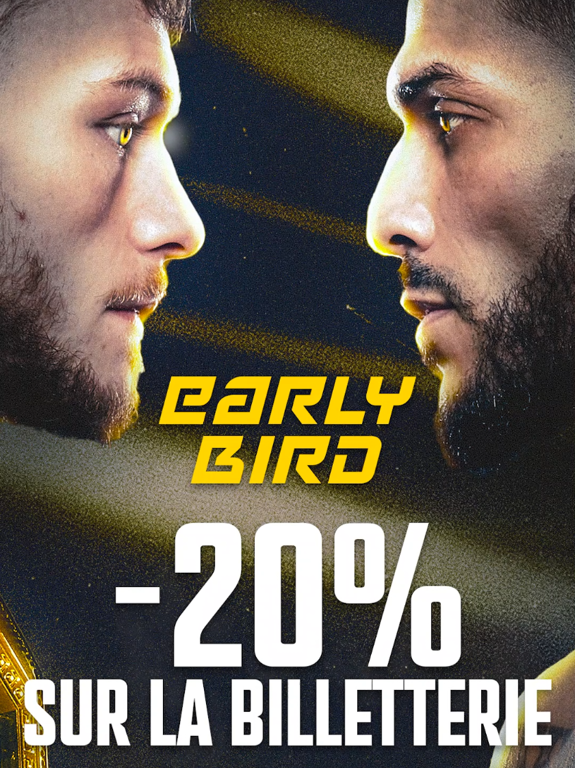 -20% avec l'offre EARLY BIRD 😍 Profitez dès maintenant de l’offre exceptionnelle sur la billetterie d’#ARES36. Le samedi 13 décembre, à l’adidas arena, Ghassen Jbalia combattra pour la ceinture featherweight. 🏆 Offre limitée, ne manquez pas cette opportunité ! ✅ #ARESFC #mma 