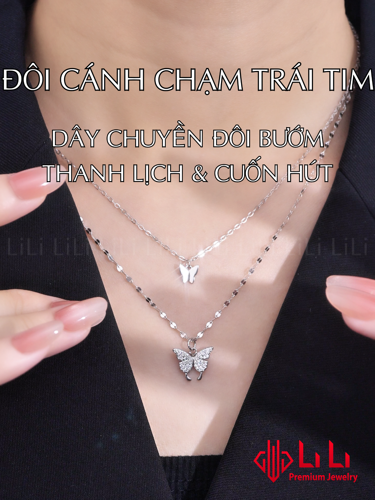 Dây chuyền hai tầng đôi bướm gợi nét thanh thoát, nhẹ nhàng như cánh bướm lan tỏa yêu thương. Từng mắt xích bạc S925 đính đá CZ được chế tác tinh tế dành cho nữ. Khoảnh khắc bạn đeo lên chính là lúc vẻ đẹp của bạn tỏa sáng. #daychuyenbacnu #daychuyenbaclili #trangsuclili #lili