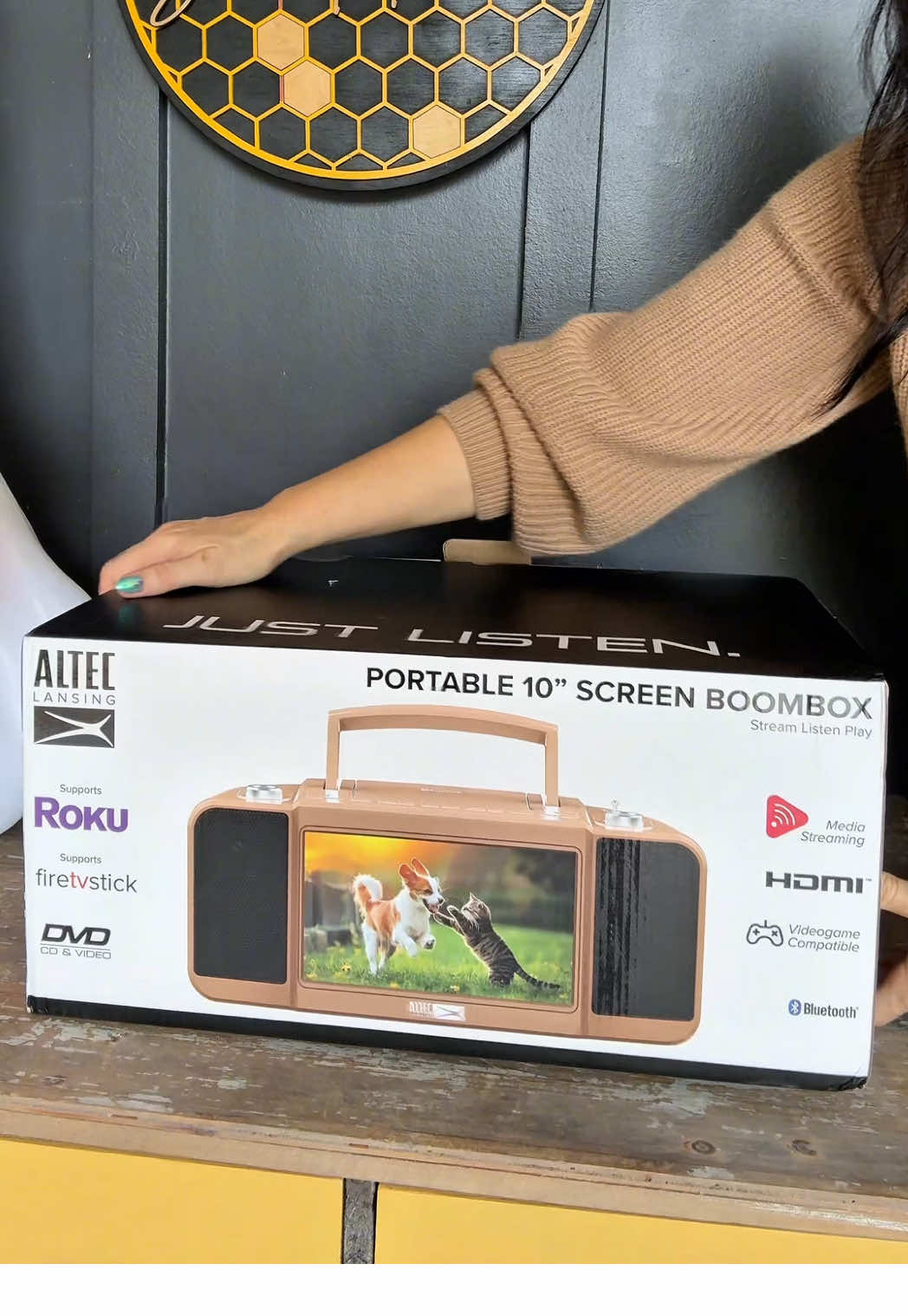 The Altec Lansing 10” streaming boom box combines old-school DVD/CD playback with modern streaming, Bluetooth, gaming, and portable entertainment all in one. #alteclansing #boombox #familygadgets #holidaygifts #portableentertainment