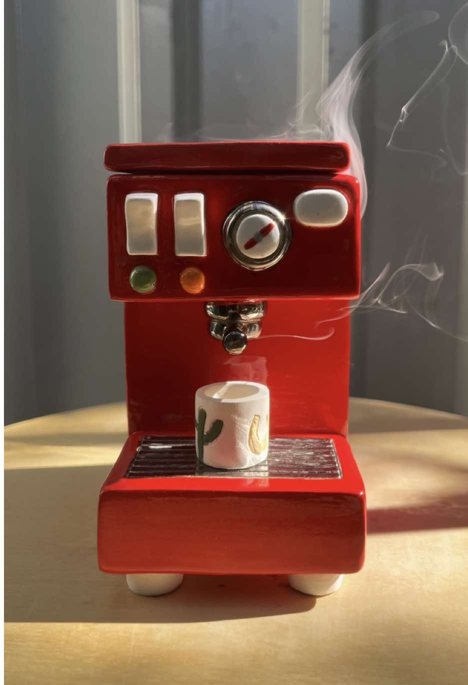 Ta-Da! The moment we’ve all been waiting for. Here is the completed version of the Espresso Backflow incense machine and how the magic works 🪄  It was my first time using silver luster and as intimidating as it was, I really like how it came out! I’ll have to apply it better next time, but that’s okay because practice makes progress.  #ceramics #pottery #clay #handbuiltceramics #coffeetiktok 