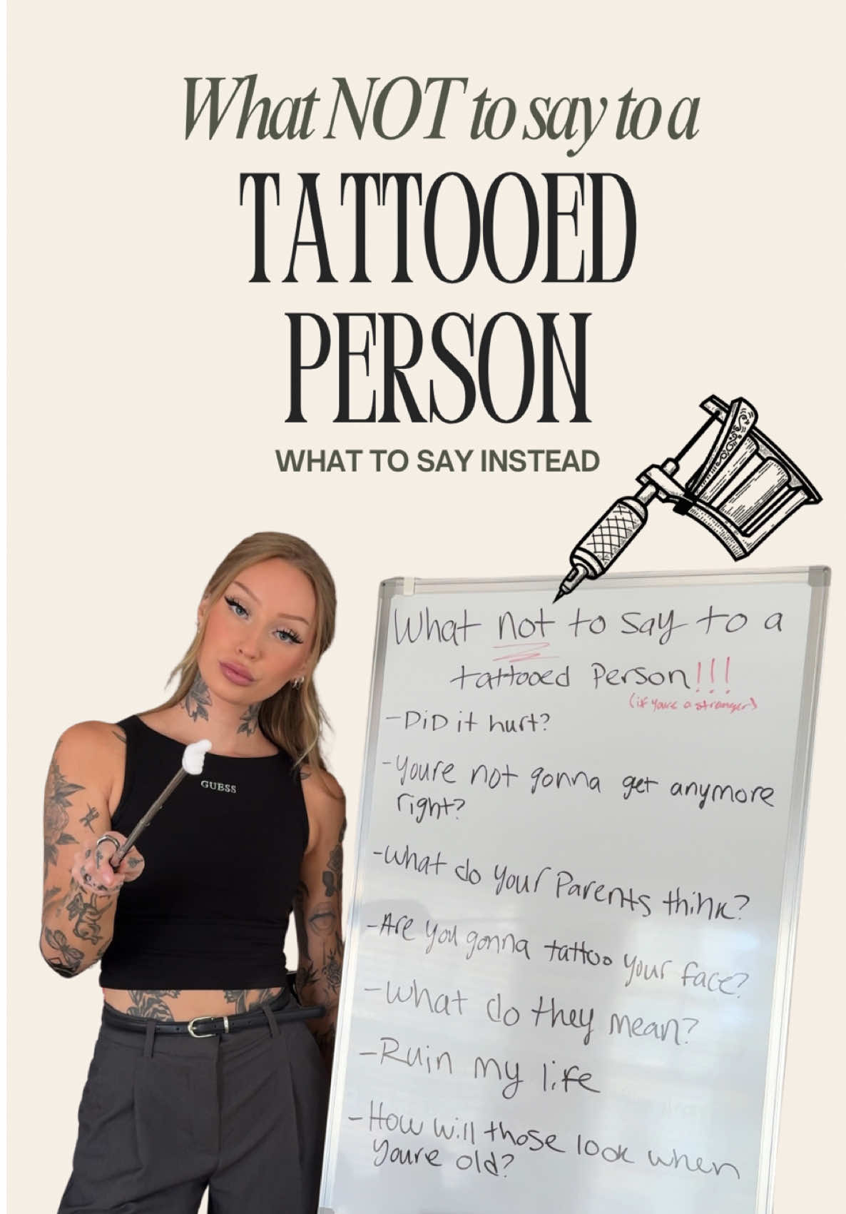 What not to say to a tattooed person! Vs what you should say instead! Let me know what I missed so I can make a part two! #mollyhammons #tattoocommunity #tattooideas #tattoohumor 