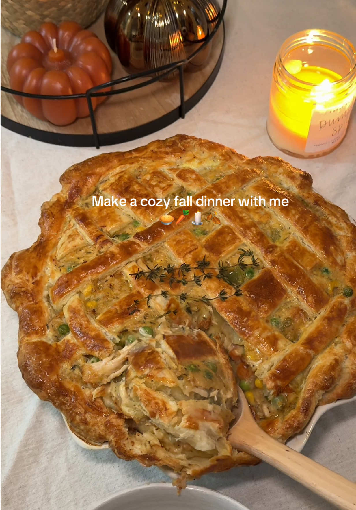 CHICKEN POT PIE🥧 1 stick butter Carrots  Celery Onion Garlic  Peas Corn 1/2 cup Flour  2 cups chicken broth 1/2 cup heavy cream 3 cups shred chicken  Seasonings 1 pack puff pastry 1 egg for wash  Make chicken or shred rotisserie. Melt one stick of butter on pan, add vegetables and cook down. Then add flour until right consistency (about 1/2 cup) then add broth and heavy cream, shredded chicken and seasonings. Place puff pastry on a buttered pie dish then add filling and cover. Bake at 375 for 45 min  #DinnerIdeas #falldinner #EasyRecipe #homemade #chickenpotpie 