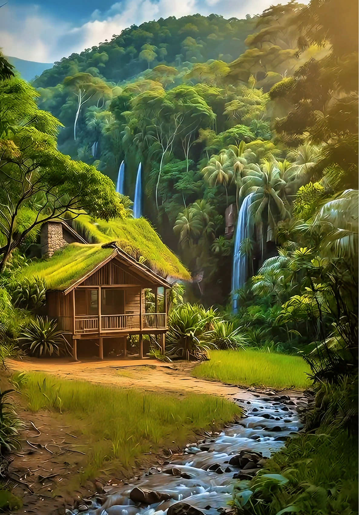 Live Wallpaper | Tropical Waterfall Oasis Escape 🌴💙🌊🌺🛖 🌴 Jungle cabin nestled beside a tropical waterfall — a dreamy rainforest retreat surrounded by emerald canopies and crystal streams. This secluded jungle getaway blends a green-roof cabin with the serene sounds of cascading water in one HD background aesthetic. ✨ Hidden deep in nature, this tropical stream cabin invites you to unwind where lush palms meet rushing creeks. It’s a true forest creek sanctuary for anyone seeking peace, adventure, and connection with the wild. Dedicated to all nature lovers 💚🧡 #4kwallpaper #livewallpaper #2025trends #tropical #waterfalls 