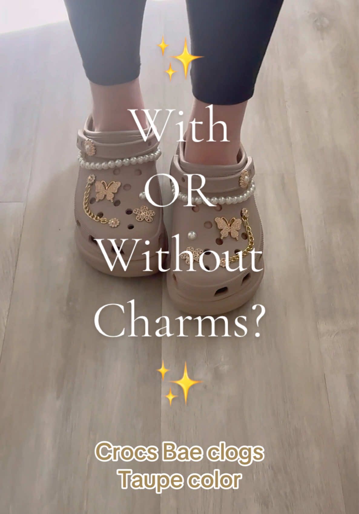 These are size 10 @Crocs Bae clogs in Taupe color. Do you like them with charms or without? Or maybe it needs different charms?💎 #crocs #crocsbae #baeclogs #taupecrocs #crocsbaeclogs 