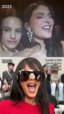 Screaming... same time, next year? #Rosalia and #KylieJenner linked up again front row at #Schiaparelli's SS26 #ParisFashionWeek show, recreating their viral 2023 moment. 