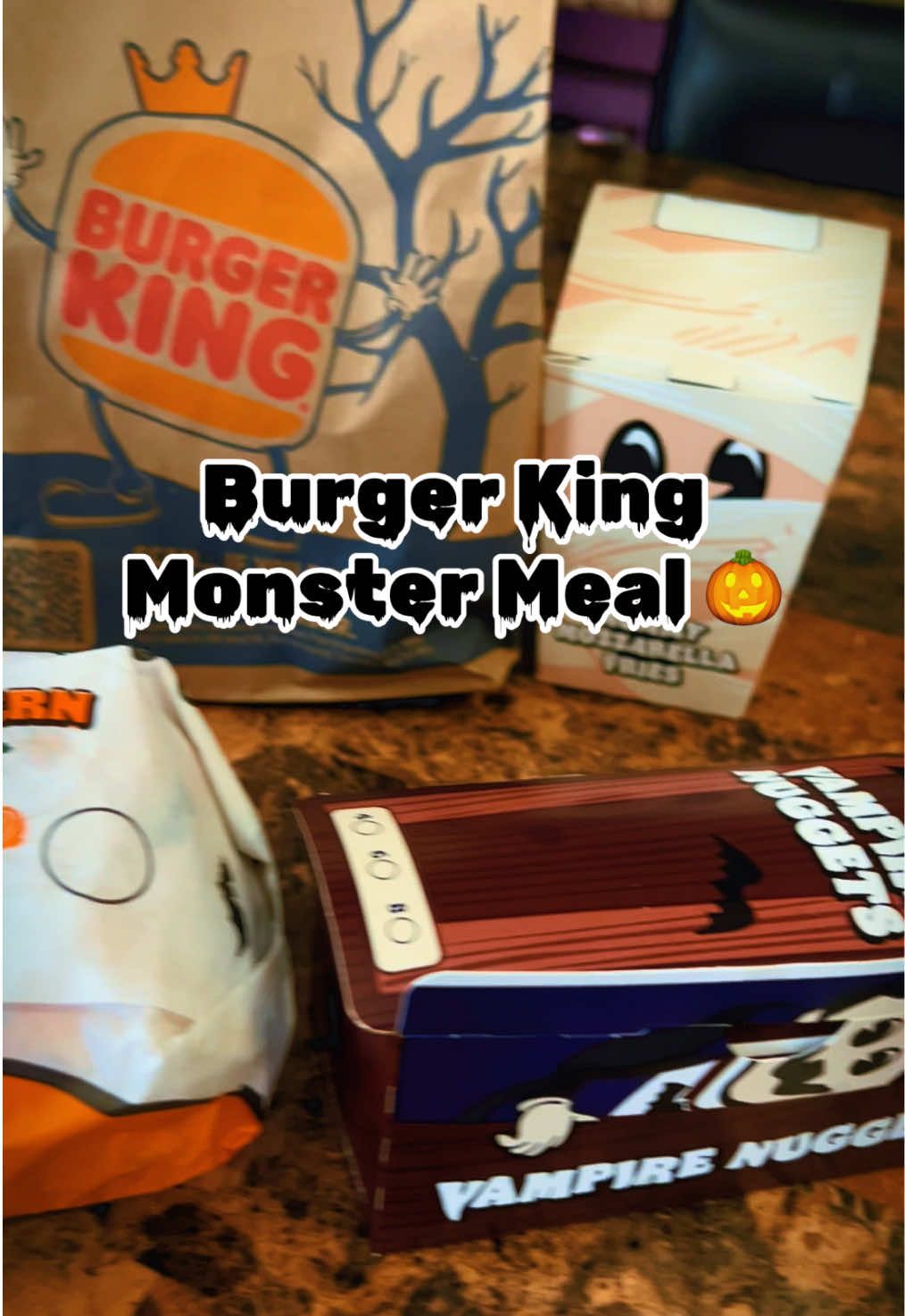 The meal includes: Vampire Nuggets with fangs and bats, Jack O’ Lantern Whopper, Mummy Mozzarella Fries, and the Franken Candy Sundae 🍦@Burger King #burgerking #halloweenfood #foodieblogger #halloweenseason 