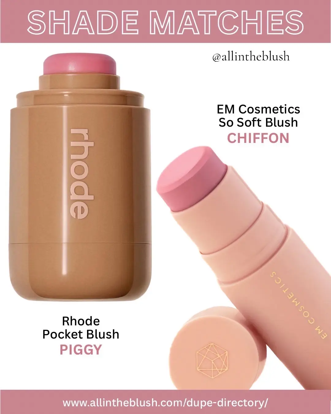 @RHODES “Piggy” Pocket Blush & @em cosmetics “Chiffon” So Soft Blush Shade Matches✨ Visit my dupe directory (link in bio) for more makeup dupes & swatch comparisons💞 #rhode #rhodeblush #emcosmetics #makeupdupe #pocketblush 