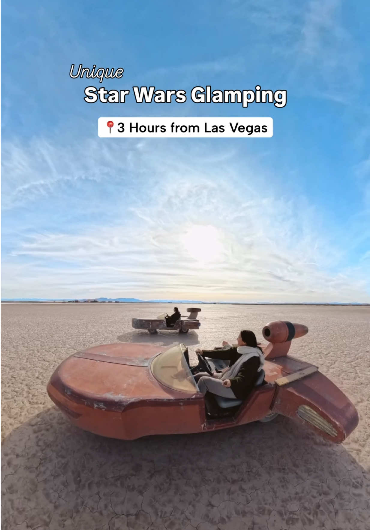 This Unique Star Wars-themed glamping stay is 3 hours from Las Vegas!! @OutPostX  ⛺🪐 Explore 240 acres of land with unique experiences🌌 📌 Book: www.outpost-x.com  Outpost X 📍Iron County, Beryl, Utah 84714 - 3 Hours from Las Vegas - 1.5 Hours from Zion National Park - 7 Hours from Los Angeles ⛺ Accommodations: ✨ Dome ✨ Cave ✨ Viking Tent 🌟 Day Pass = $40 Amenities: 🚙 Sand cruiser rides 🛁 Jacuzzi spa & sauna 🕊️ Kaan Lounge (meditation, sound bath, guitar) 🎥 Movie night at Kaan Lounge (BYO DVD or enjoy their Star Wars collection) 🔥 Firepit relaxation area 🪂 Trampolines  🌠 May the Glampsite Be With You! #thingstodoinlasvegas #lasvegas #vegas #utah #uniquestays     