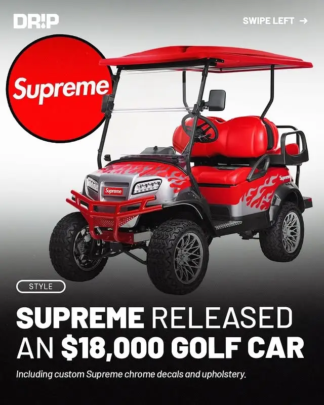 Supreme has teamed up with Club Car to release a 4-passenger Onward Lifted Golf Car ‼️ #supreme #streetwear #StreetStyle #hypebeast #golfcart #clubcar #cartok 