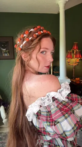 Why use pins when you can sew mini pumpkins in your hair? I used natural putka pods that were painted orange!  Dress is @Selkie ❤️ code SCARLETT gets you 10% off! 