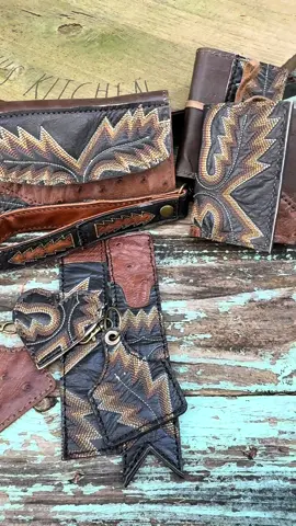 One pair of boots → two men’s wallets, a women’s wallet, a keychain & more. Sometimes I add in my own leather to patchwork the pieces together so the vibe of the boot stays alive in every item ✨ #BootReborn #HandmadeKeepsakes