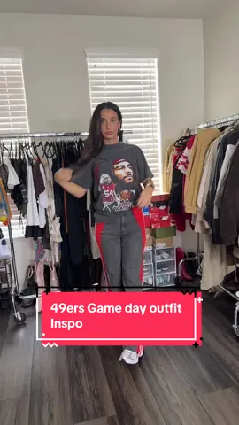 Little outfit Inspo for your next niners game ❤️ (I sped it up for you ☺️) check out all @Raad Teez designs! Shoes are from @Famous Footwear and pants are from @Amazon  #OOTD #49ers #fypシ゚viral #outfitinspo #footballtiktok 