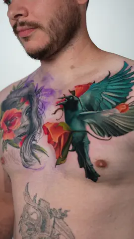 I added this Grackle to Austin’s chest recently. The lady face is 2 years healed. For any questions or booking please click the link in my bio. That is the only way I will communicate with you about tattoos. Any other form of communication is unfortunately NOT ME.#tattoo #art #tiktok #bird #birds 