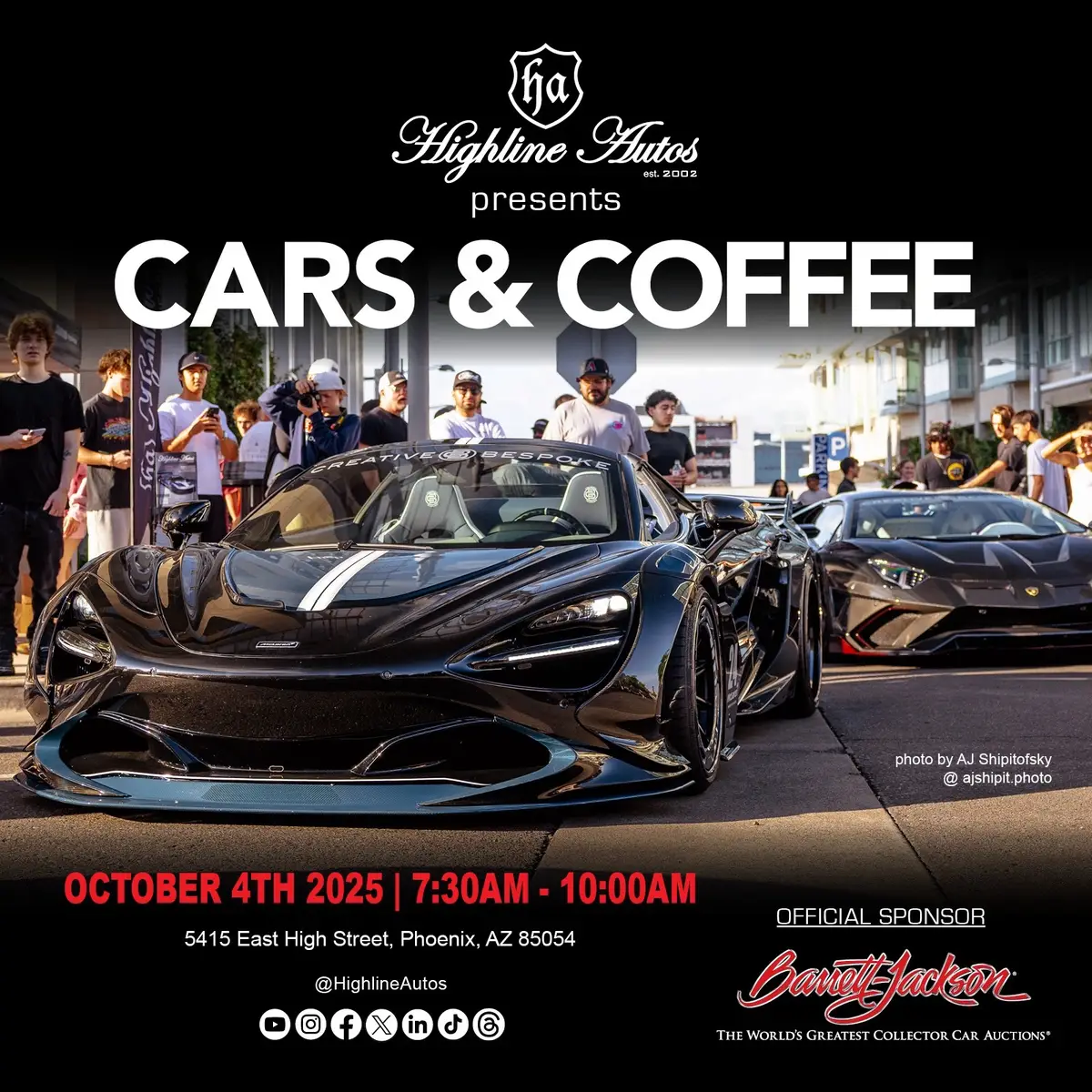 Barrett-Jackson is headed to @Highline Autos Cars and Coffee this Saturday, Oct. 4, at High Street in Phoenix! Stop by our display from 7:30 to 10 a.m. and check out the track-ready 2021 @Ford GT Mk II and a 1963 @Chevrolet Corvette Split-Window Coupe built by Jeff Hayes, each selling with No Reserve at the 2025 Scottsdale Fall Auction! Learn more at Barrett-Jackson.com