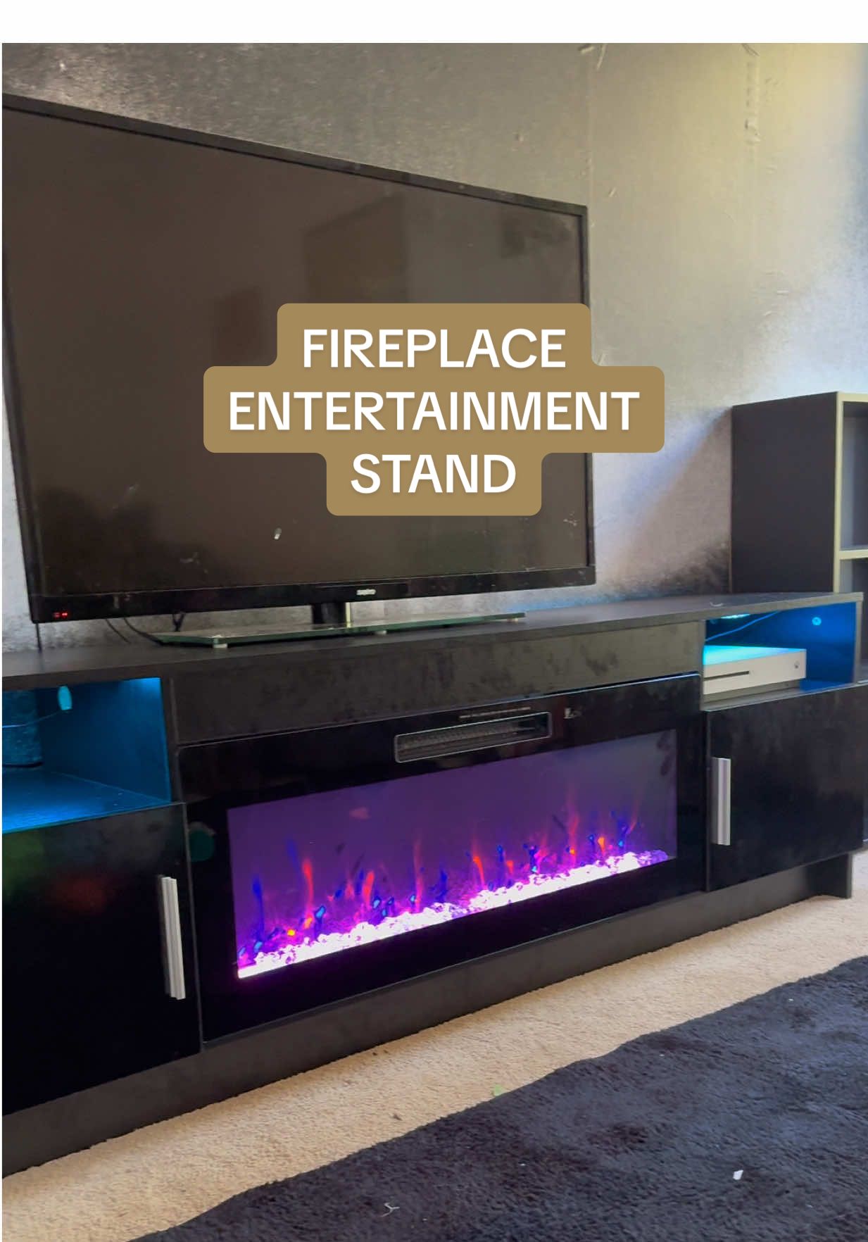 Goes perfectly in this dark themed loft/movie room! So so cozy & fun. #fireplace #tvstand #furniture #tiktokfurniture #tiktokshopfurniture 