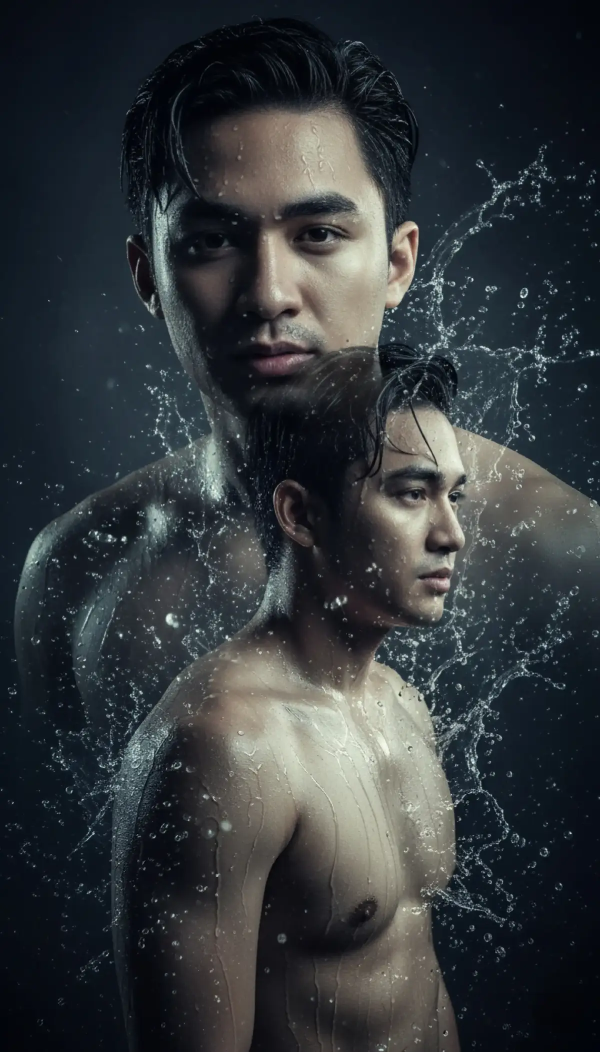 Prompt: Transform my image into a cinematic double exposure of man, wet look. One layer shows a close-up of his face with water drops and confident gaze, the second layer shows his upper body in 3/4 profile, droplets running across his chest. Frozen water splashes create dynamic energy, high-speed photography effect, dark moody studio. Ultra-detailed textures, photorealistic fashion aesthetic. --ar 9:16 --style raw --v 6 cartoon, anime, illustration, 3d render, cgi, toy figure, blurry, lowres, oversaturated, watermark #prompt #promptgemini #promptai #fyp #jangkauanluas 