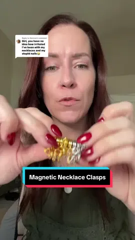 Replying to @Marissa magnetic clasps for your necklaces! If you have nails, or if you have issues with your hands that make it really hard to put on your necklaces, these magnetic claps for your necklaces are a game changer. They are good quality and they come in gold and silver.  #magneticnecklaceclasp  #spotlightfinds  #tiktokshopcreatorpicks  #tiktokshopblackfriday  #falldealsforyou  