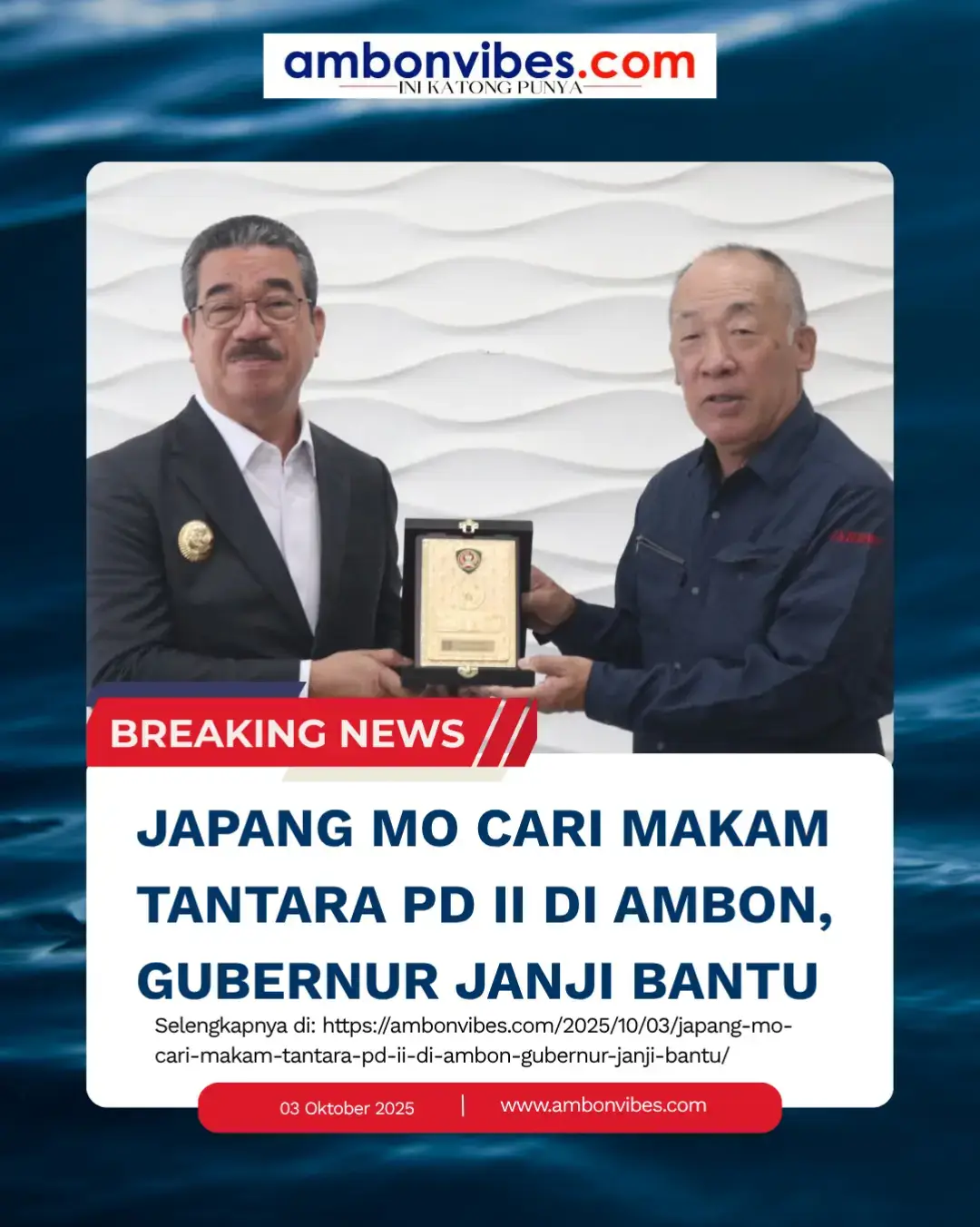 AmbonVibes.com – Gubernur Maluku Hendrik Lewerissa tarima kunjungan resmi delegasi Pemerintah Japang di ruang kerjanya, Rabu (1/10/2025). Kunjungan ini bukan soal bisnis atau investasi, mar lebe ka agenda sejarah deng kemanusiaan. Dong mo cari makam tantara Jepang yang gugur di Ambon waktu Perang Dunia II. Delegasi Jepang yang datang ini campur: ada dari Kedutaan Jepang di Jakarta, Kementerian Tenaga Kerja, Sosial dan Kesejahteraan Jepang, sampe unsur Kementerian Kebudayaan. Dari Maluku, Gubernur Hendrik seng sandiri. Ada pejabat laeng batamang, itu dar Dinas Sosial, Dinas Pendidikan Kota Ambon, dan Dinas Pendidikan & Kebudayaan Provinsi. Selengkapnya di: https://ambonvibes.com/2025/10/03/japang-mo-cari-makam-tantara-pd-ii-di-ambon-gubernur-janji-bantu/ #ambonvibes #ambon #vibes #katong #punya 