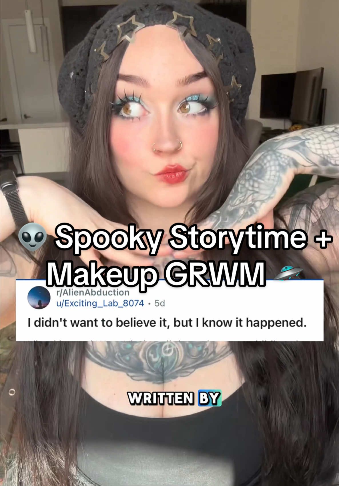 Do you believe there's some other life forms out there? 🛸👽 Products I recommend & used:  -Eyes- -Eyeshadow palette is OLD & discontinued 🫣  -SushyGlow Cosmetics Wyvern Scales Highlighter in shade Frostbite -LASHES ARE IN MY BE.ACON l.INK IN. B.IO 💖💖💖 -Blush- -NYX sweet cheeks  in shade coralicious  -Lips-  -Sushyglow Cosmetics Lotus Mud in shade Blooming Princess  -Sushyglow Cosmetics Ghostly Pout Lipgloss in shade Rustic Glass If you want to know about anything else just ask (:  Some of these products are listed in my showcase/in previous videos if you want to support ya gal & snag them through my link so i get a small commission id love u 4ever but ofc u do not have to 💖 I only promo products i really love & use regularly💖 #makeupstorytime #spookystory  #alienabduction #scarystories #altmakeup 