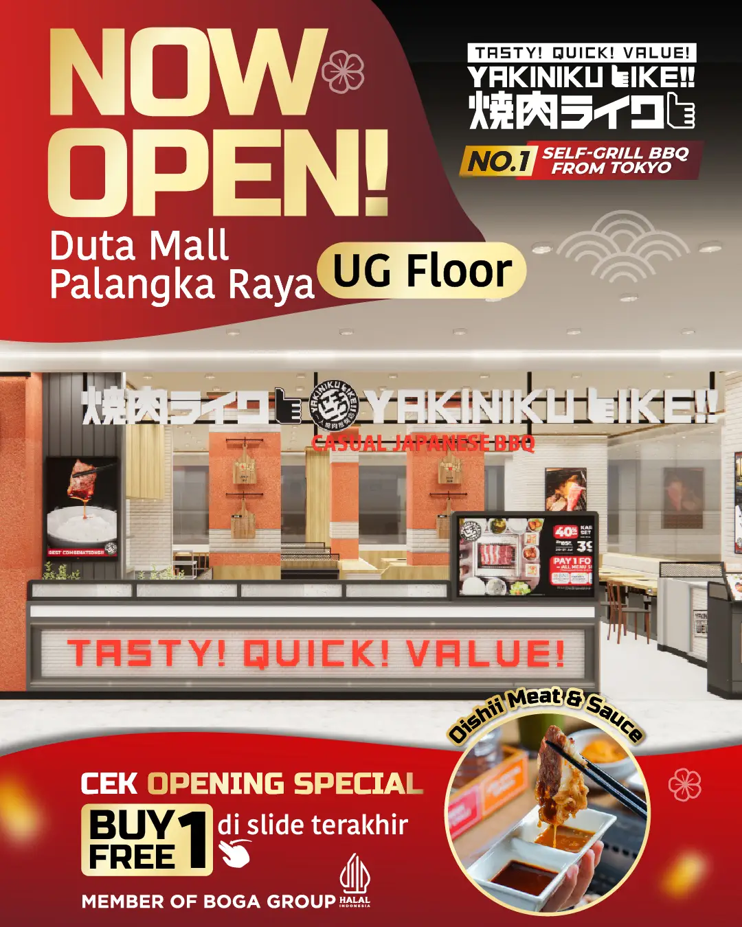 Warga Palangka Raya udah bisa cobain daging kualitas Jepang Yakiniku Like yang juicy & sausnya yang oishii! Dan pastinya udah HALAL juga! Lokasinya ada di Duta Mall Palangka Raya ya, yuk yang mau nge-grill sendiri atau bareng temen-temen langsung ke sini 🥳🥳 Spesial ada Promo Opening juga lho, cek di slide terakhir buat tau infonya ya~