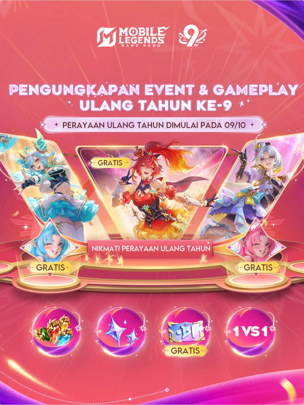 Perayaan Ulang Tahun ke-9 dimulai pada 09/10 dengan event dan mode gameplay baru! Ayo buka berbagai konten perayaan ulang tahun! 09/10 - 17/11: Ikuti event 