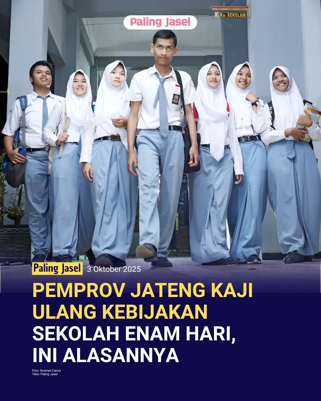 Pemprov Jateng tengah mengkaji ulang kebijakan lima hari sekolah untuk jenjang SMA/SMK.  Wakil Gubernur Taj Yasin, dalam acara Gebyar Hari Santri di Boyolali, 2 Oktober 2025, mengungkapkan bahwa kajian ini dilakukan bersama akademisi dan masyarakat. Tujuan awal sekolah lima hari adalah memberi waktu luang keluarga, namun hasil temuan menunjukkan banyak orang tua bekerja enam hingga tujuh hari.  Hal ini menyisakan satu hari tanpa pengawasan bagi anak, meningkatkan risiko terpapar hal negatif.  Oleh karena itu, Pemprov yang berkomitmen pada kesejahteraan anak, merencanakan pengembalian enam hari sekolah sebagai upaya perlindungan.  Kebijakan ini akan diterapkan setelah mempertimbangkan hasil kajian pakar pendidikan dan dewan. Kajian ini difokuskan untuk jenjang SMA dan SMK, dengan kemungkinan diterapkan juga di SD dan SMP oleh pemkab/pemko. Foto: Ilustrasi Canva Teks: Paling Jasel #PalingJasel #sekolah #SMA #TajYasin #JawaTengah 
