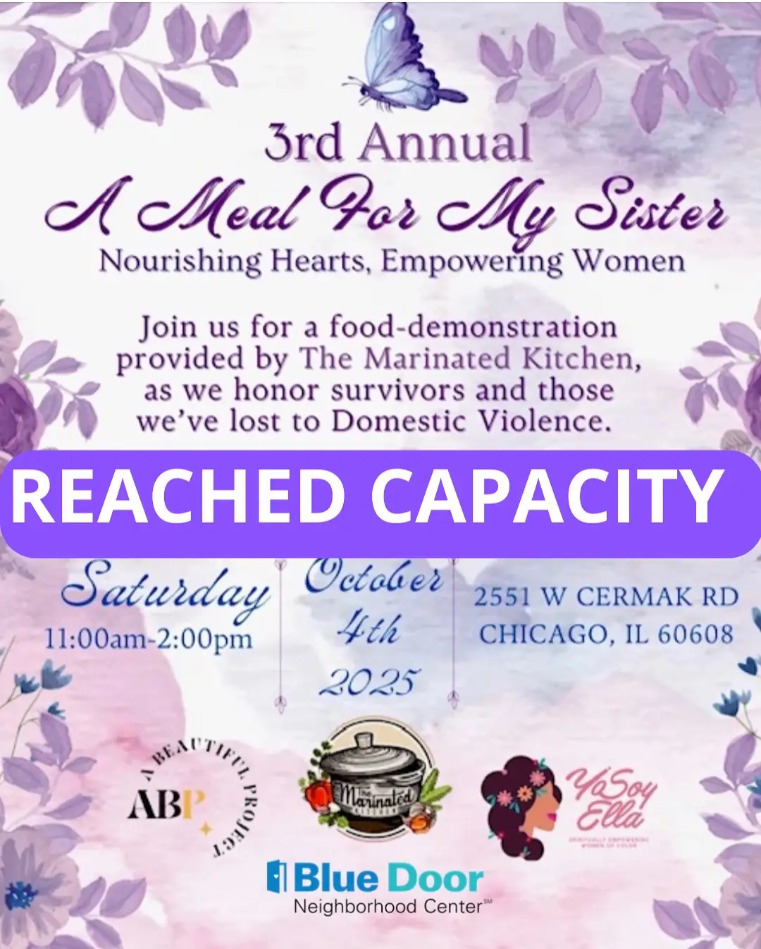 Our 3rd Annual A Meal For My Sister is officially at capacity! 💜 Thank you to everyone who registered, our volunteers, and partners @yosoyellaorg @team.abeautifulproject @heyclarybelle #bluedoorneighborhoodcenter for making this day possible. Sylvia is smiling down as we honor survivors, remember those we’ve lost, and raise awareness together. 🦋 Stay tuned for photos + next year’s event—it keeps growing! 🙏 Te Amo Y De Gratis!! 🌺 #domesticabuseawareness #amealformysister #themarinatedkitchen #community    
