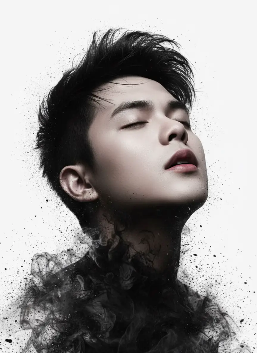 A hyper- realistic super close up, surreal portrait of a young man (uploaded image) with closed eyes and parted lips, their face tilted upward in a state of emotional intensity, their skin is pale smooth, contrasting with dark, inky black fluid and smoky textures that wrap around their neck and shoulders, blending seamlessly into their tousled, wind-swept black hair. the background is minimal and light, with black particles and splashes appearing to disintegrate from their form. creating a dramatic, ethereal atmosphere, fine details in hair strands, facial texture, and the swirling black elements add depth and realism, cinematic lighting with a moody, artistic tine.