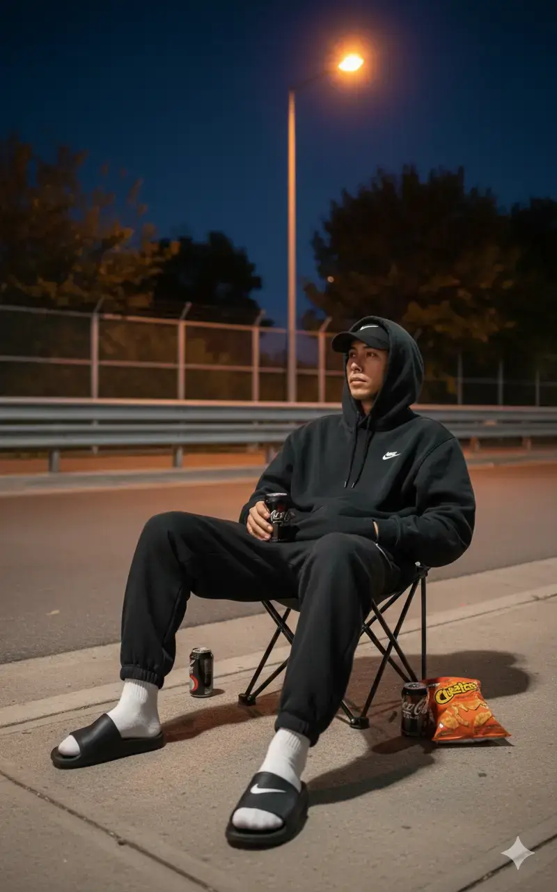 AI gemini photo edit trend EASY STEPS. 1. Open gemini.google.com 2. Upload your photo 3. Copy and Paste prompt Gemini Ai Prompt Use uploaded photo of a face and hair as for reference to be a young man sitting, leaning backwards on a foldable camping chair on a sidewalk at night, illuminated by streetlights. He is wearing an oversized black hoodie 