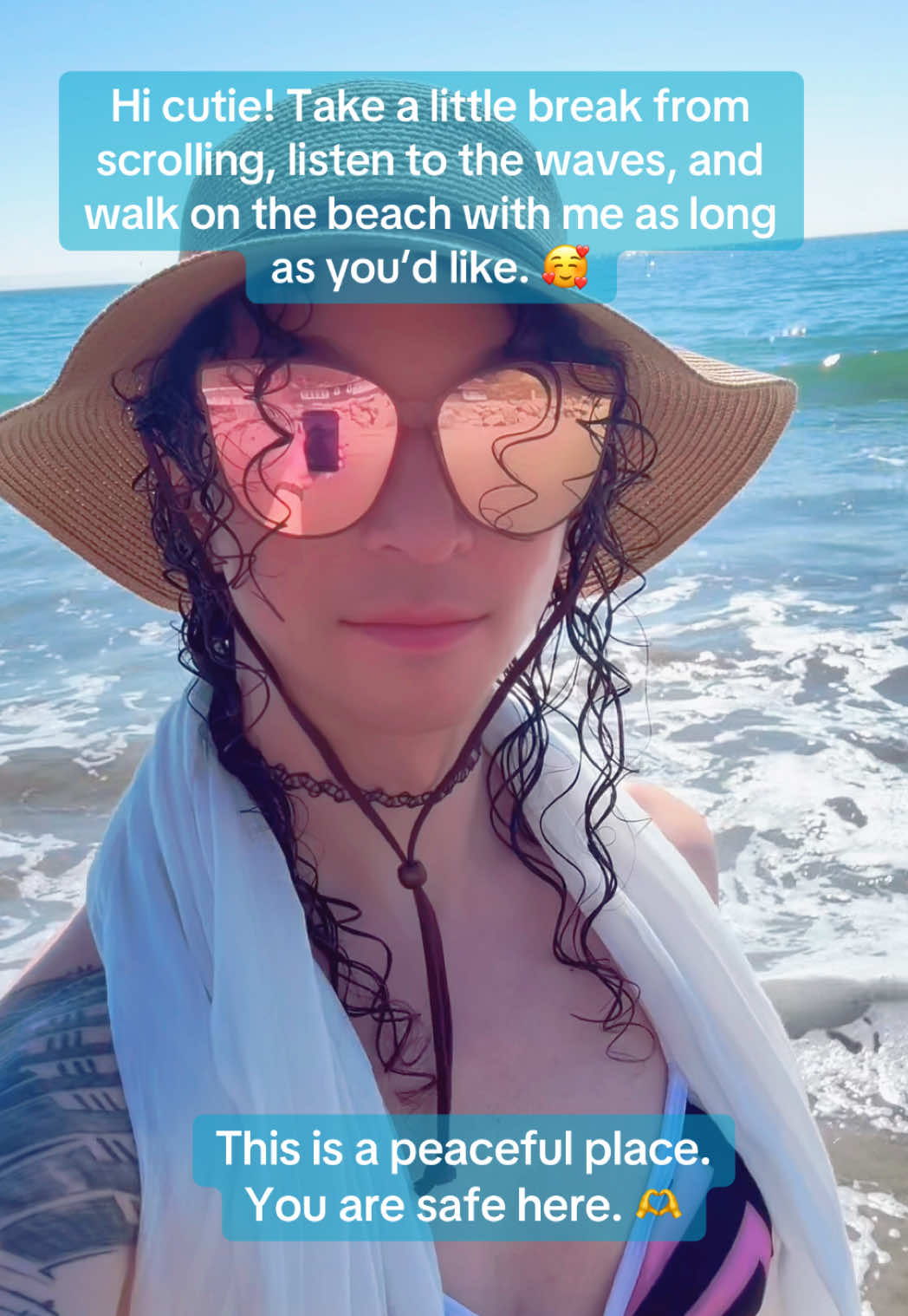 Frolicking in the waves, feeling cute at the beach, wearing the custom pride bikini I designed myself. 😻🏳️‍⚧️👙 I’ll be back in Santa Cruz next weekend to perform at the Polar Palooza festival! 🎷 Maybe see you there? #perfectloop #beachday #transpride #scrollbreak #relaxingvideos 
