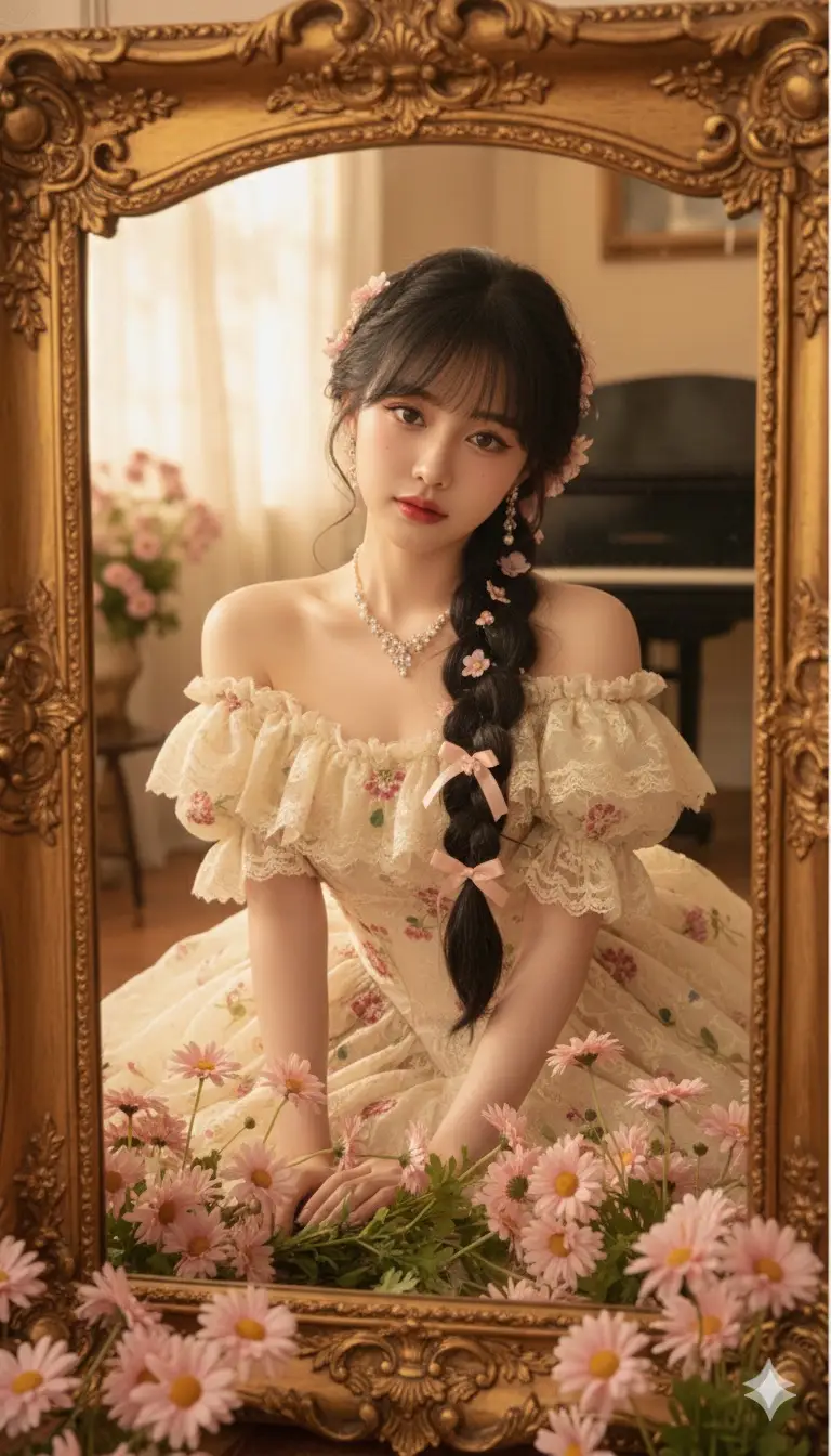 Wajah persis seperti di foto, Create ultra-high-resolution 8K photo-realistic images of the original person (100% exact facial likeness, no alterations). A hyper-realistic portrait of a young woman in a vintage Rococo-inspired scene, captured through an ornate golden baroque frame. She wears an off-shoulder cream lace gown with layered ruffles, puffed sleeves, and intricate embroidery details, exuding elegance and luxury. Her hairstyle is voluminous with soft curls, styled into a long thick braid adorned with ribbons and small pink flowers, adding a romantic and classic touch. Makeup: porcelain fair skin, soft blush on the cheeks, glossy rose-pink lips, natural but defined eyeliner with long curled lashes, creating a doll-like innocent look. Accessories: a delicate pearl and crystal necklace with matching earrings, satin bows in her hair, and lace details on her gown. Pose: seated gracefully among a bouquet of blooming pink daisies, her head tilted slightly with a dreamy expression, gazing softly at the viewer through the mirror reflection. Her arms rest gently amidst the flowers, enhancing the romantic aura. Props: ornate gilded mirror frame, lush bouquet of pink flowers surrounding her, classical piano in the background. Camera & Lighting: cinematic medium shot through the mirror frame, soft golden-hour lighting casting warm highlights and gentle shadows across her face and gown, creating a glowing ethereal atmosphere. Mood & Expression: dreamy, romantic, nostalgic, with a fairytale-like aura. She appears as if a living painting, exuding elegance and timeless beauty. Tone & Colors: warm golden tones, cream, blush pink, soft green from the flowers, contrasted with the ornate deep gold frame. Overall atmosphere is vintage, baroque, and fairytale-like. Style Keywords: hyper-realistic, rococo, baroque, cinematic, dreamy romantic portrait, ultra-detailed, ethereal lighting, 8k.
